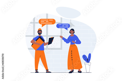 Delivery service web concept with character scene. Man delivering parcel to clients, woman paying to courier. People situation in flat design. Illustration for social media marketing material.