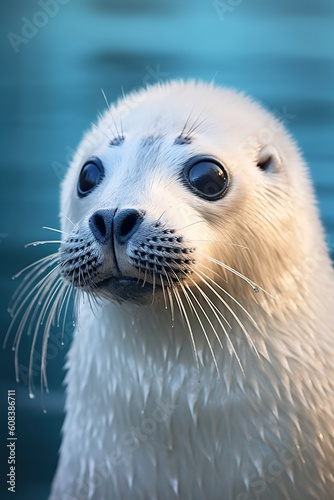 Fluffy white sea seal pup, closeup, AI generative image