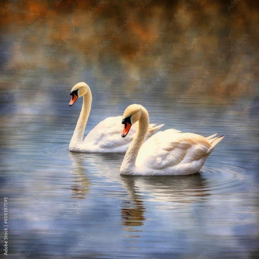 Fototapeta premium two white swans are swimming in the water together Generative Ai