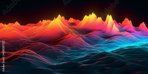 A pulsating liquid neon wave stretching across a minimalistic two-tone landscape. Sound waves. Neon wavy mountains. Neon musical sound mountains on a black background. Generative AI.
