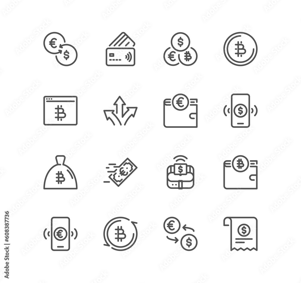 Set of finance related icons, money, stock market, contract, exchange, goal, target, bank safe, savings, investment, currency, earnings, income, revenue and linear variety vectors. Set of finance related icons, money, stock market, contract, exchange, goal, target, bank safe, savings, investment, currency, earnings, income, revenue and linear variety vectors.