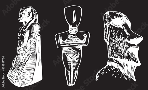 Graphical set of landmarks, vector  holy mother statue,  Pharaoh and moai on black