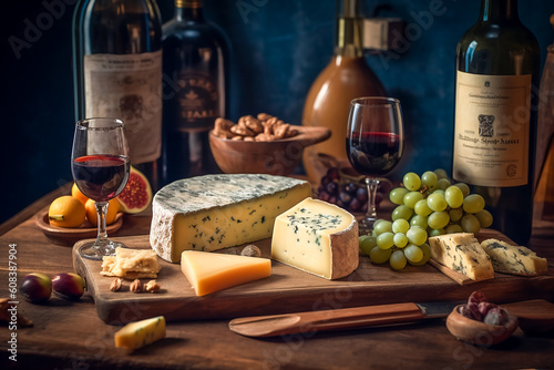 Selection Of Cheese And Wine. AI Generated