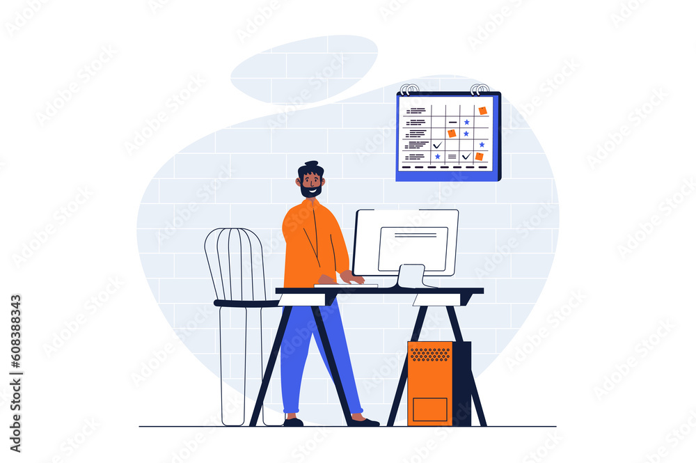 Fototapeta premium Freelance working web concept with character scene. Man manager planning tasks and briefing colleagues online. People situation in flat design. Illustration for social media marketing material.