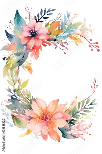 Watercolor floral oval wreath of summer botanical flowers for wedding invitation isolated on white background. Generative AI.