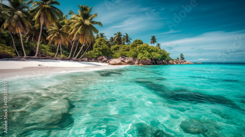 Tropical beach  with turquoise water, white sand, and palm trees. AI Generated © EwaStudio
