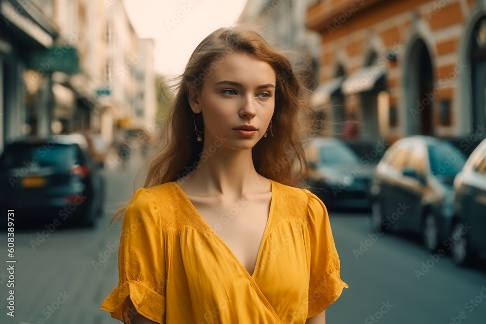 young beautiful caucasian woman in yellow dress walking in city center. AI Generated young beautiful caucasian woman in yellow dress walking in city center. AI Generated