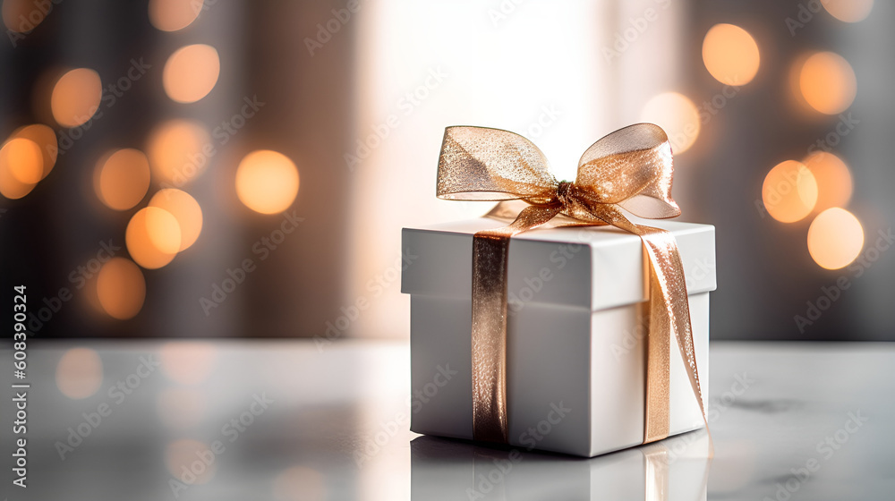 White gift, White and Gold gift box, golden ribbon, luxury gift, beautiful gift, made with Generative AI White gift, White and Gold gift box, golden ribbon, luxury gift, beautiful gift, made with Generative AI