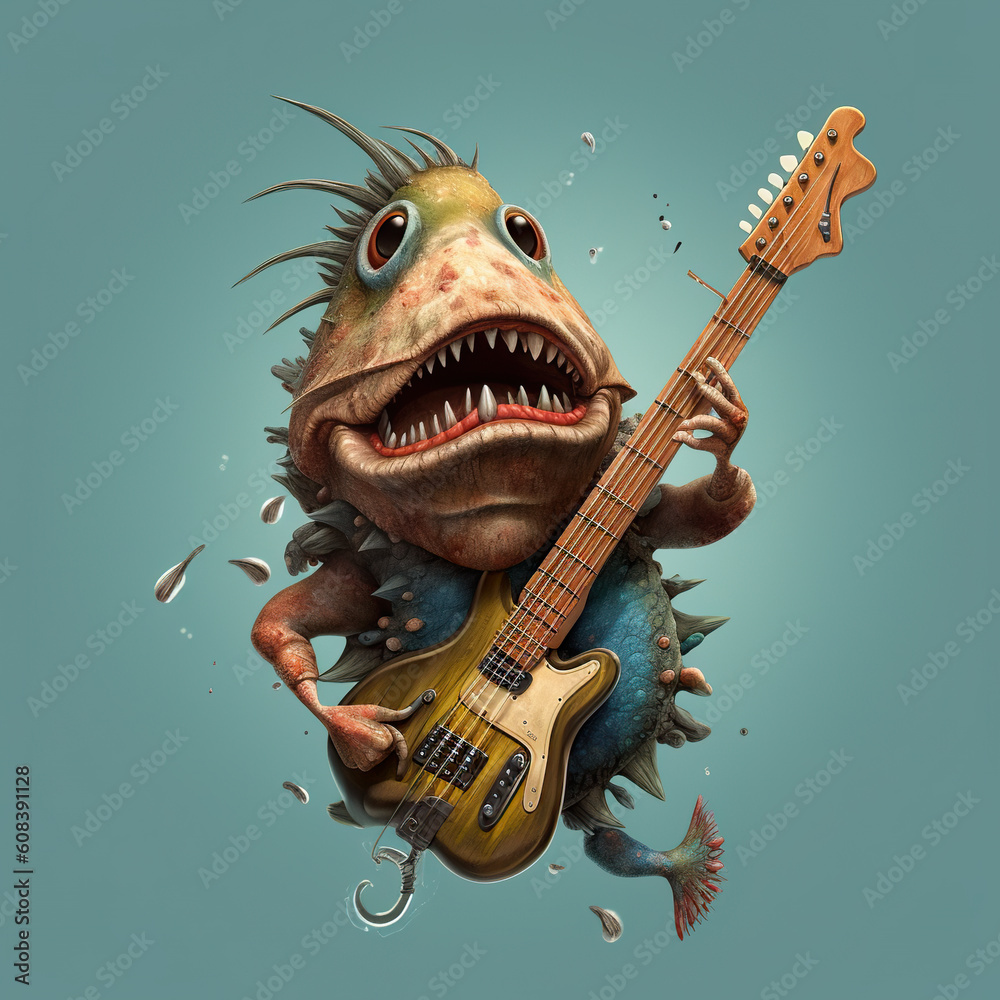 A cartoon fish playing a bass guitar. Generative AI. Stock Illustration
