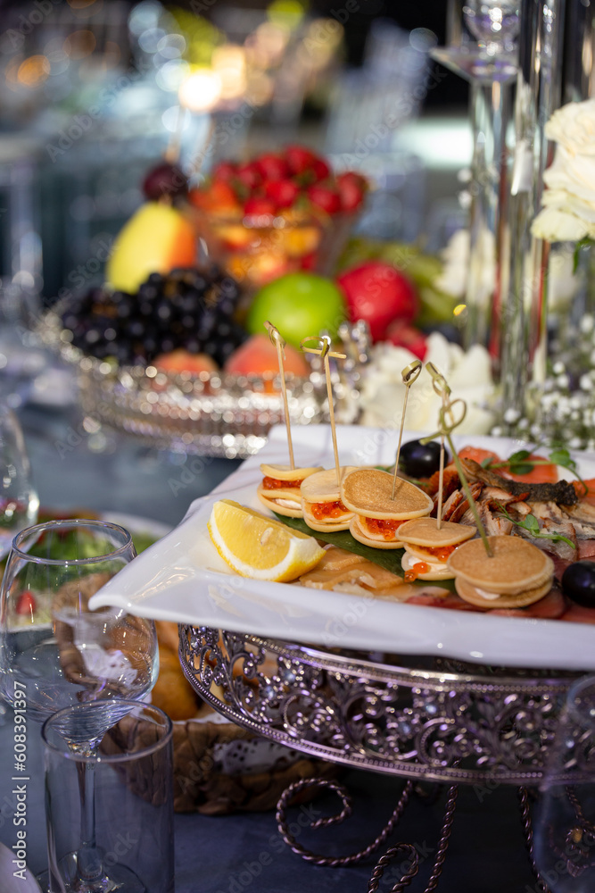close-up of assorted canapes on the buffet table