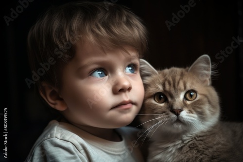 A child plays with a cute ginger cat. Bambino cat. Generative AI