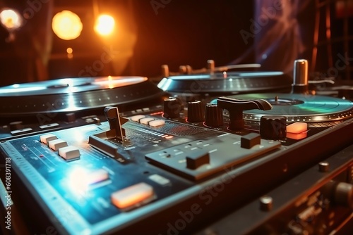 Rhythm and Light: A Close-up View of a DJ Mixer and Vinyl Records in a Vibrant Club Atmosphere. AI Generated.
