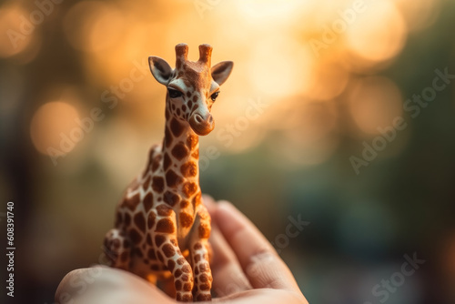 animal en miniatura jirafa en la palma de una mano. Ilustración de Ia generativa © Helena GARCIA
