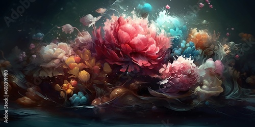 Digital illustration of a flower iceberg in the ocean with a layered blend of raspberry, cranberry, ice cream and poppy flower, standing on magical light. AI Generated.