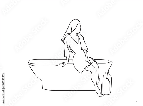line drawing woman sitting in bathtub bathroom activities concept