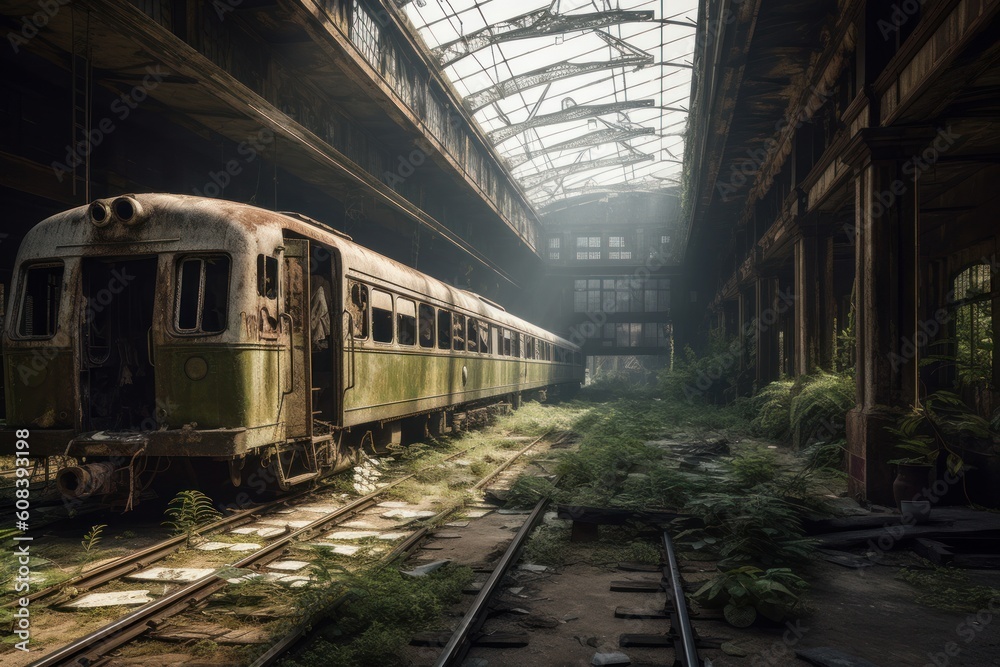 Post-apocalyptic city with abandoned train station and trains. Generative AI