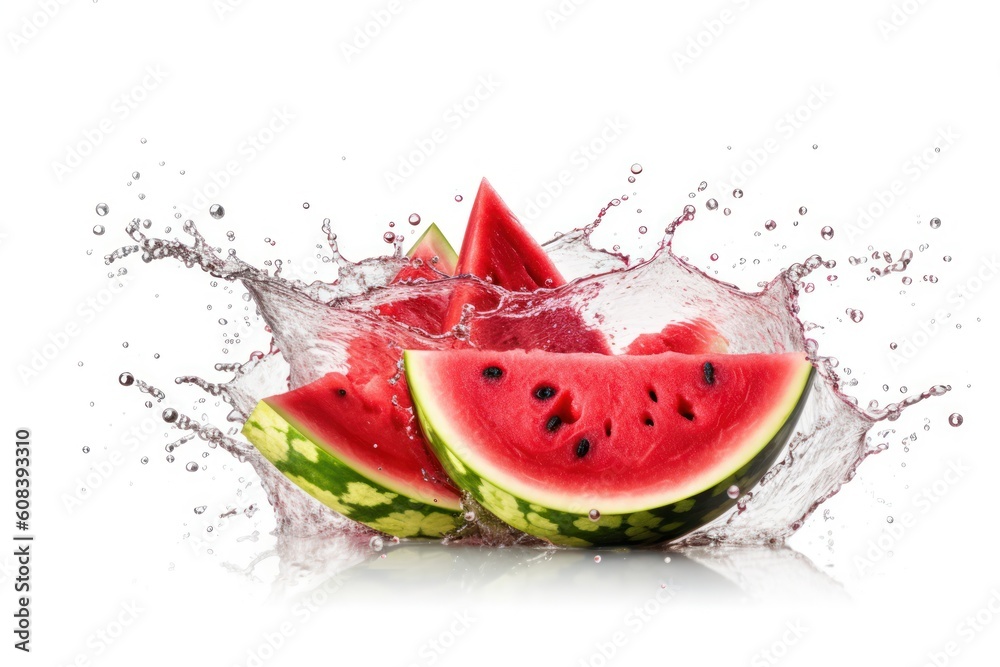 stock photo of water splash with sliced watermelon isolated Food Photography