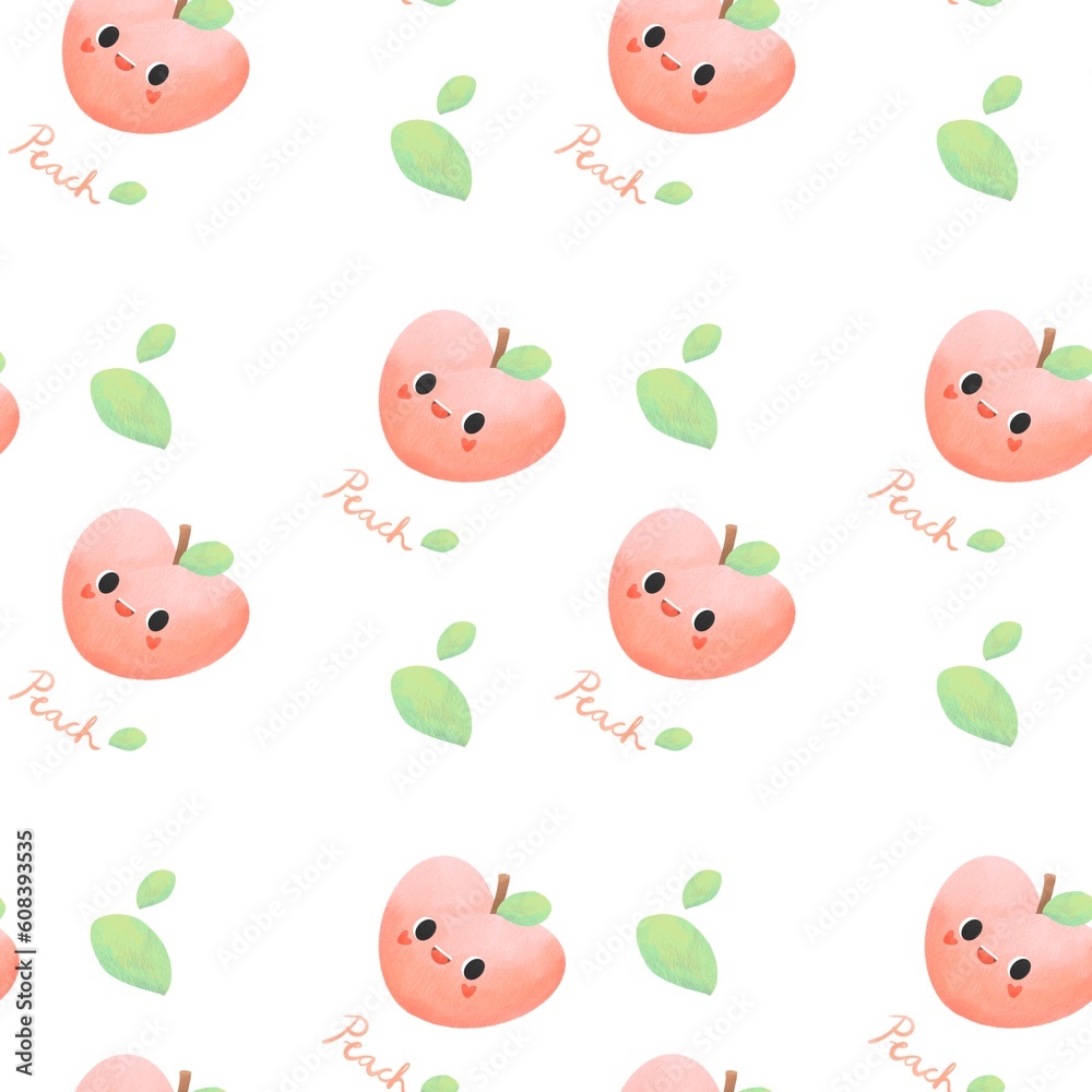 Kawaii peach seamless pattern on a white background. Hand drawn pastel peach. Cute peach cartoon character. Design for wallpaper, wrapping paper, textiles, fabric Kawaii peach seamless pattern on a white background. Hand drawn pastel peach. Cute peach cartoon character. Design for wallpaper, wrapping paper, textiles, fabric