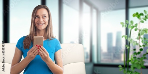 Smiling young woman using apps on phone Free Download Smiling young woman using apps on phone - GFXLoad