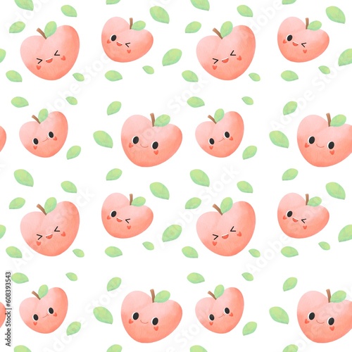 Cute peach seamless pattern on a white background. Kawaii peach cartoon character. Hand drawn pastel peach. Design for fabric  wrapping paper  wallpaper  textiles