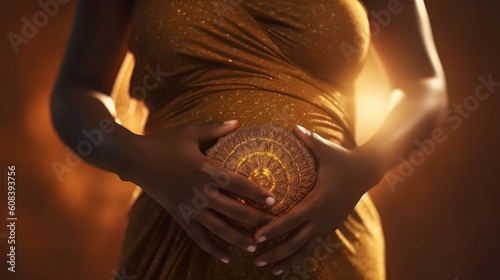 A pregnant dark-skinned woman holds her stomach with two hands. The concept of motherhood. Close-up of a pregnant woman's belly. Childbirth. generative ai