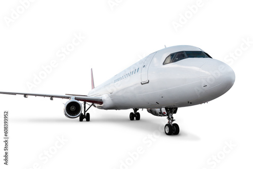 Close-up of passenger airplane isolated on white background