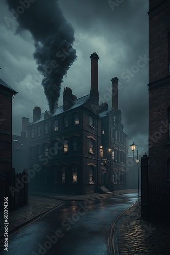 A dark Victorian industrial district, Coal fog, wet and dirty street, Peaky Blinders style