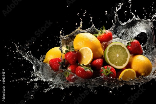 stock photo of water splash with various fruits fall isolated Food Photography