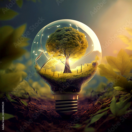 Renewable Energy Sources- Green Energy Concept Electric light bulb containing a green tree, content created using generative artificial intelligence tools.