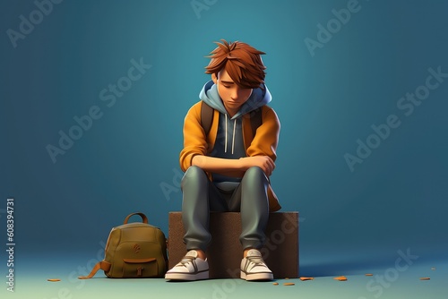 Sad Cartoon Boy Sitting on a Bench with his Luggage (Generative AI)