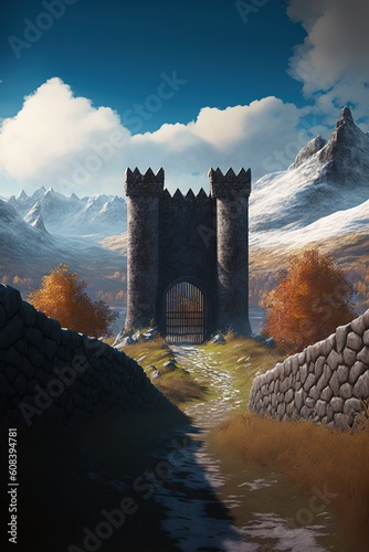 An ancient fortified stonewall with a gate that runs across the landscape, dividing the land, mountains