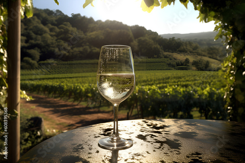 White wine glass on table view of wine farm daylight