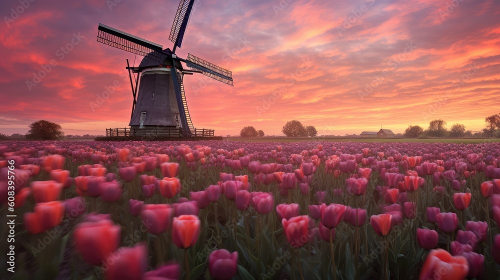 Field with tulips and windmill. Floral background. Field with rows of tulips. Sky with clouds during sunset. Beginning of the agricultural season in the Netherlands.