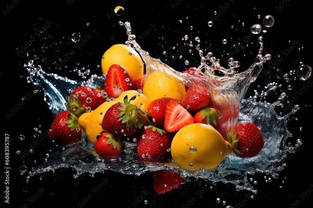 Fototapeta premium stock photo of water splash with various fruits fall isolated Food Photography