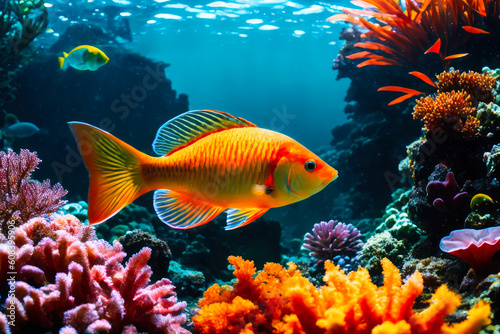 Underwater view of colourful tropical fishes, shells in the aquarium with plants and stones. Wildlife concept of ecological environment. Generative AI