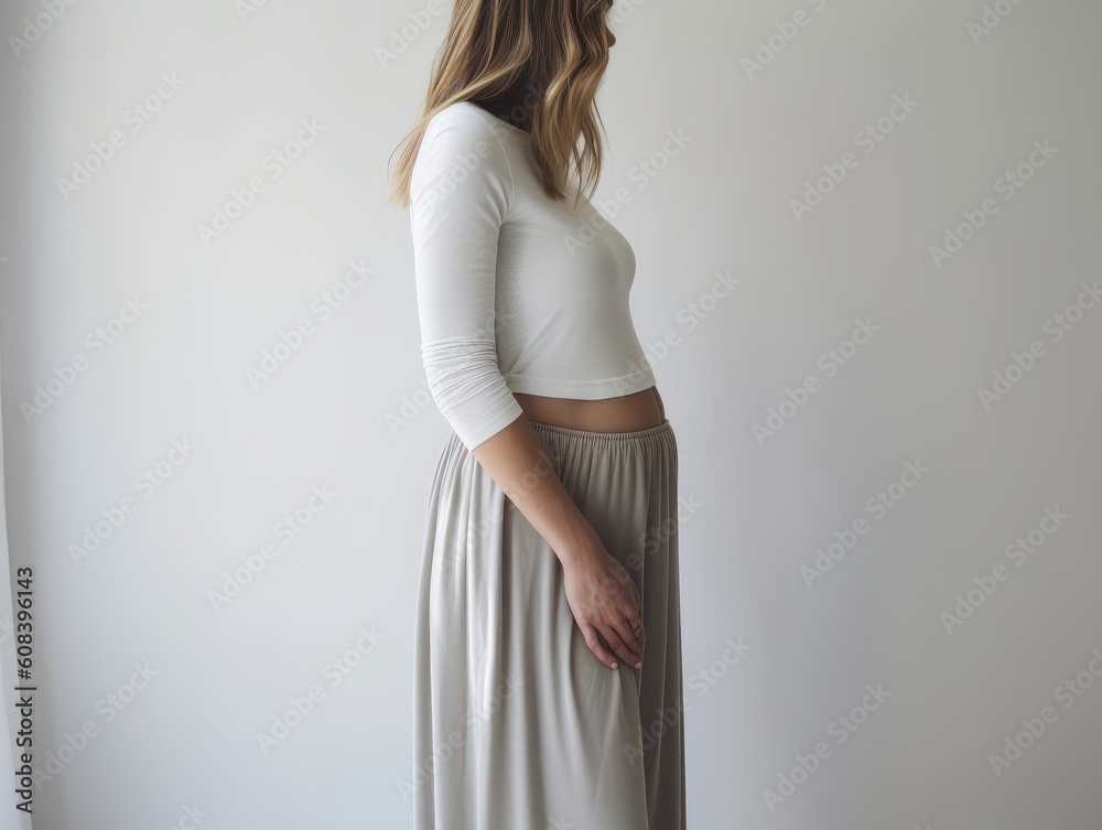 Mid-section portrait of unrecognizable woman during last months of pregnancy holding her big belly gently standing against wall in white room.