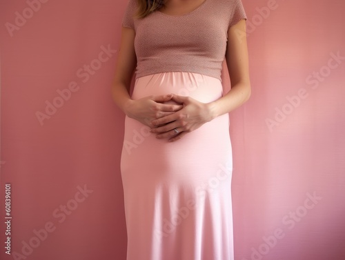 Mid-section portrait of unrecognizable woman during last months of pregnancy holding her big belly gently standing against wall in pink room.