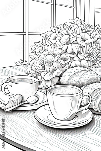 Les délices parisiens en noir et blanc : Illustrations de café, croissant et ambiance de la ville lumière - Coloring Book photo