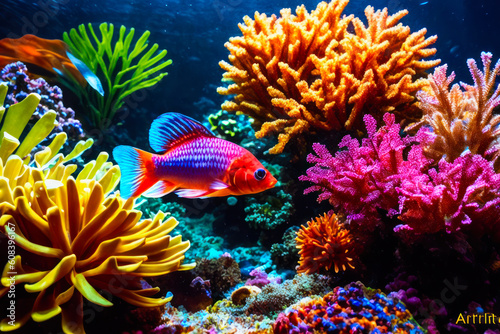 Underwater view of colourful tropical fishes, shells in the aquarium with plants and stones. Wildlife concept of ecological environment. Generative AI