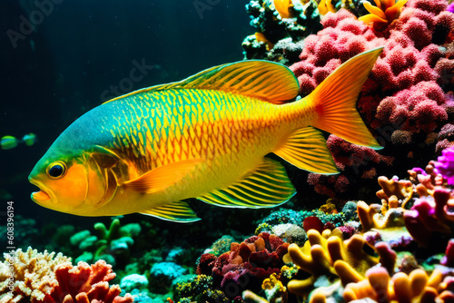 Underwater view of colourful tropical fishes, shells in the aquarium with plants and stones. Wildlife concept of ecological environment. Generative AI