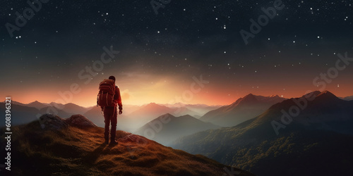 Hiker and vivid mountain landscape with night sky stars at twilight. Generative AI illustration