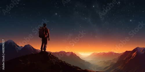 Hiker and vivid mountain landscape with night sky stars at twilight. Generative AI illustration