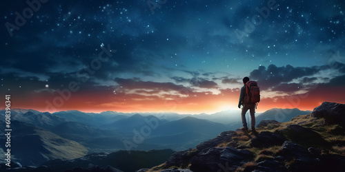 Hiker and vivid mountain landscape with night sky stars at twilight. Generative AI illustration