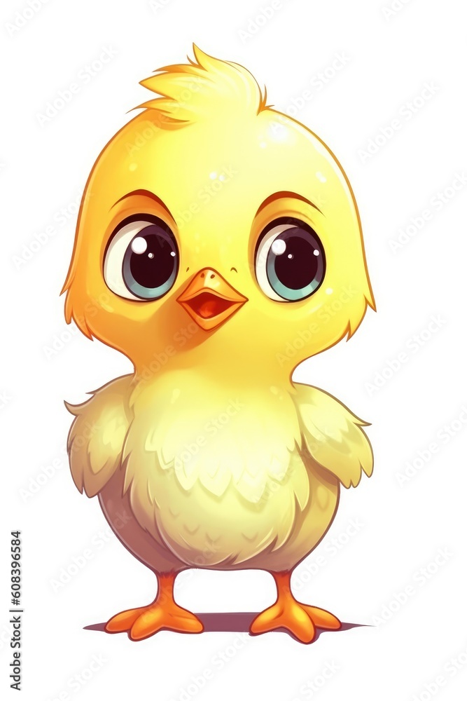Cute baby Chicken in Cartoon Style on white background - generative AI