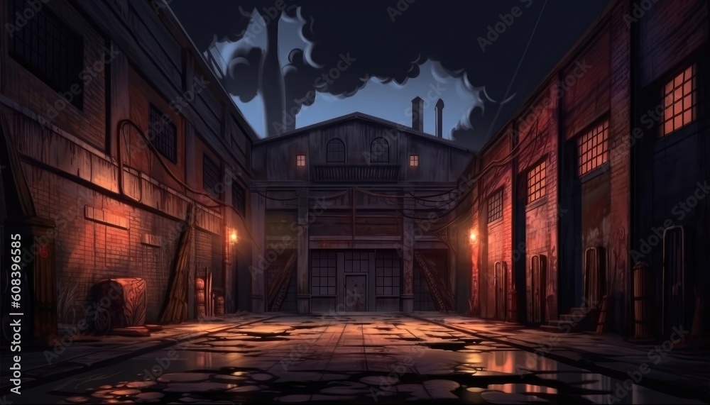 At night, a dark factory warehouse alley. (Illustration, Generative AI)