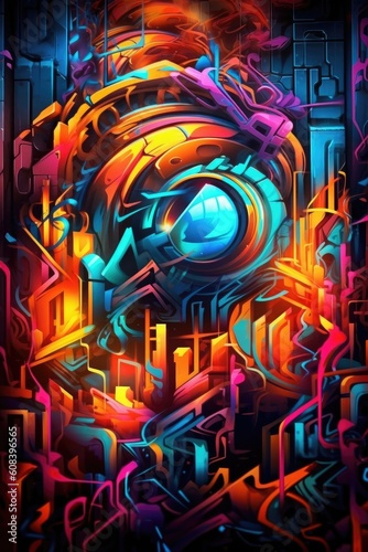 The wallpaper is abstract and features neon graffiti. (Generative AI)