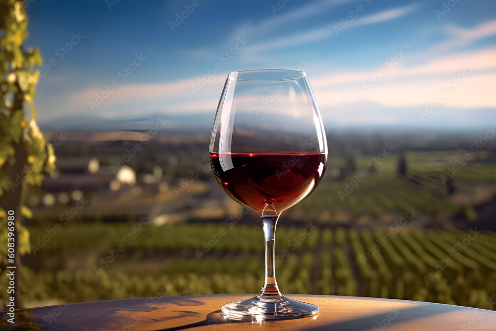 Red wine glass on table view of wine farms