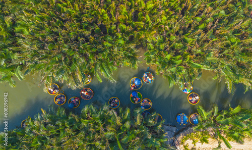 Fényképezés Aerial view of a coconut village basket boat tour