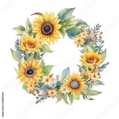 Sunflowers Wreath Watercolor. Generative ai illustration