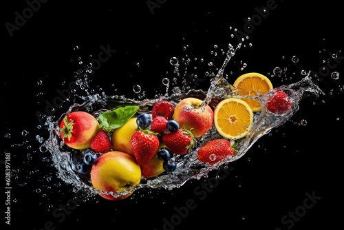 stock photo of water splash with various fruits fall isolated Food Photography